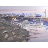 Bernard Evans (1929-2014) British, 'Newlyn Harbour, Dusk' Oil on Canvas, Signed on Front, Titled and
