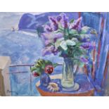 Vladimir Alekseevtich Vasin (1918-2006) Russian. Still Life with Flowers in a Glass Jug, a Seascape