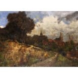 Karl Heffner (1849-1927) German. Scene Across a Field with Town Beyond, Oil on Canvas, Signed, 27" x