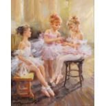 Konstantin Razumov (1974- ) Russian. "Three Girls in Tutus at the Ballet Lesson", Oil on Canvas,