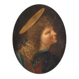 Manner of Giovanni Bellini (1430-1516) Italian. Head of a Saint, Oil on Board, Oval, 6" x 4.75".