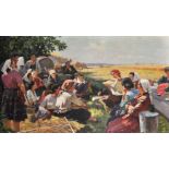 20th Century Russian School. Figures resting from a Harvest, Oil on Canvas, Unframed, 34.5" x 58.
