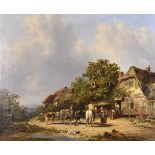 Richard H. Hilder (1813-1852) British. 'The Bell Inn', Figures with Horses and Cattle with Ducks