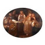 19th Century English School. Blind Man's Buff, Classical Figures at Play, Oil on Board, Oval, 17"