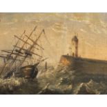 19th Century English School. A Three Masted Sailing Ship in a Swell, with a lighthouse on the