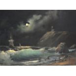 M... Syomin (20th Century) Russian. "Break in the Moonlight", A Ship off a Rocky Shoreline, Oil on
