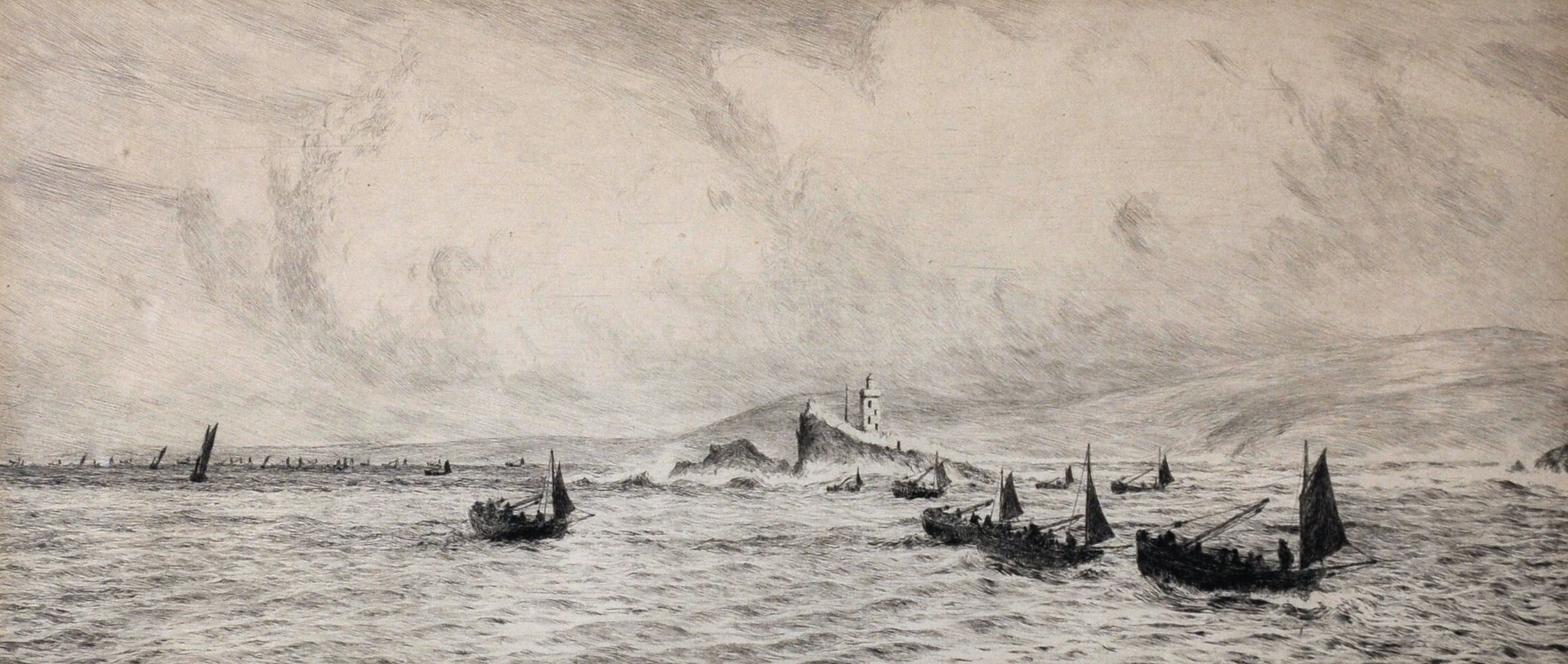 William Lionel Wyllie (1851-1931) British. "Godrevy Lighthouse, St Ives, Cornwall", Etching,