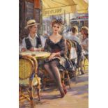 Konstantin Razumov (1974- ) Russian. "Happy Hour", a Young Couple sitting in a Parisian Caf, Oil