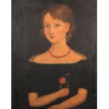 Possibly American Naive School. Bust Length Portrait of a Girl Holding a Rose, Oil on Canvas, 21"