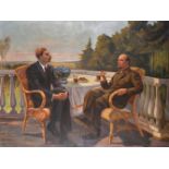 20th Century Russian School. Lenin and Maxim Gorky (Writer, 1868-1936) seated on a Terrace, Oil on
