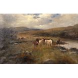 Elmer Keene (1853-1929) British. Ponies in a Moorland River Landscape, Oil on Canvas, Signed, 14"