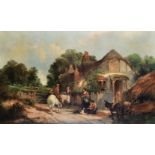 After Morland, Figures and Horses, in a Gilt Frame, Colour Print on Canvas, 23" x 40".