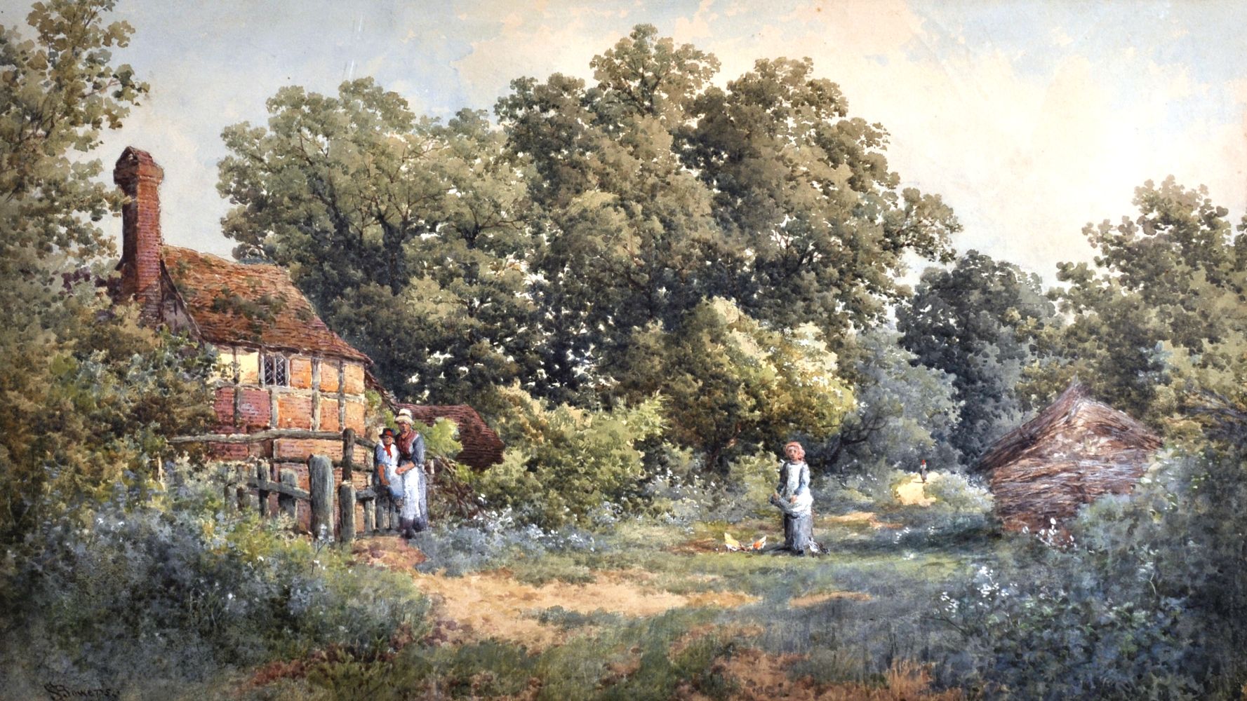 Samuel J Bowers, Figures Outside a Country Cottage, Watercolour.