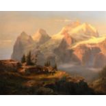 19th Century Austrian School. "Aiger Monch and Jungfrau", a Mountain Scene, with a Chalet in the