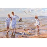 Konstantin Razumov (1974- ) Russian. "Seagulls", Oil on Canvas, Signed in Cyrillic, and Signed and