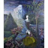 Tempest (20th Century) European. Study of an Elegant Lady, in a Garden, with a Palatial House