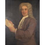 Circle of Thomas Hudson (1701-1779) British. Half Length Portrait of a Wigged Gentleman, Holding a