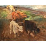 Joseph Denovan Adam (c.1870-c.1935) British. Cattle on a Track, Oil on Board, Signed with