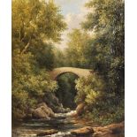 William Ward Gill (1823-1894) British. A River Landscape with a Stone Bridge, Oil on Canvas, Signed,