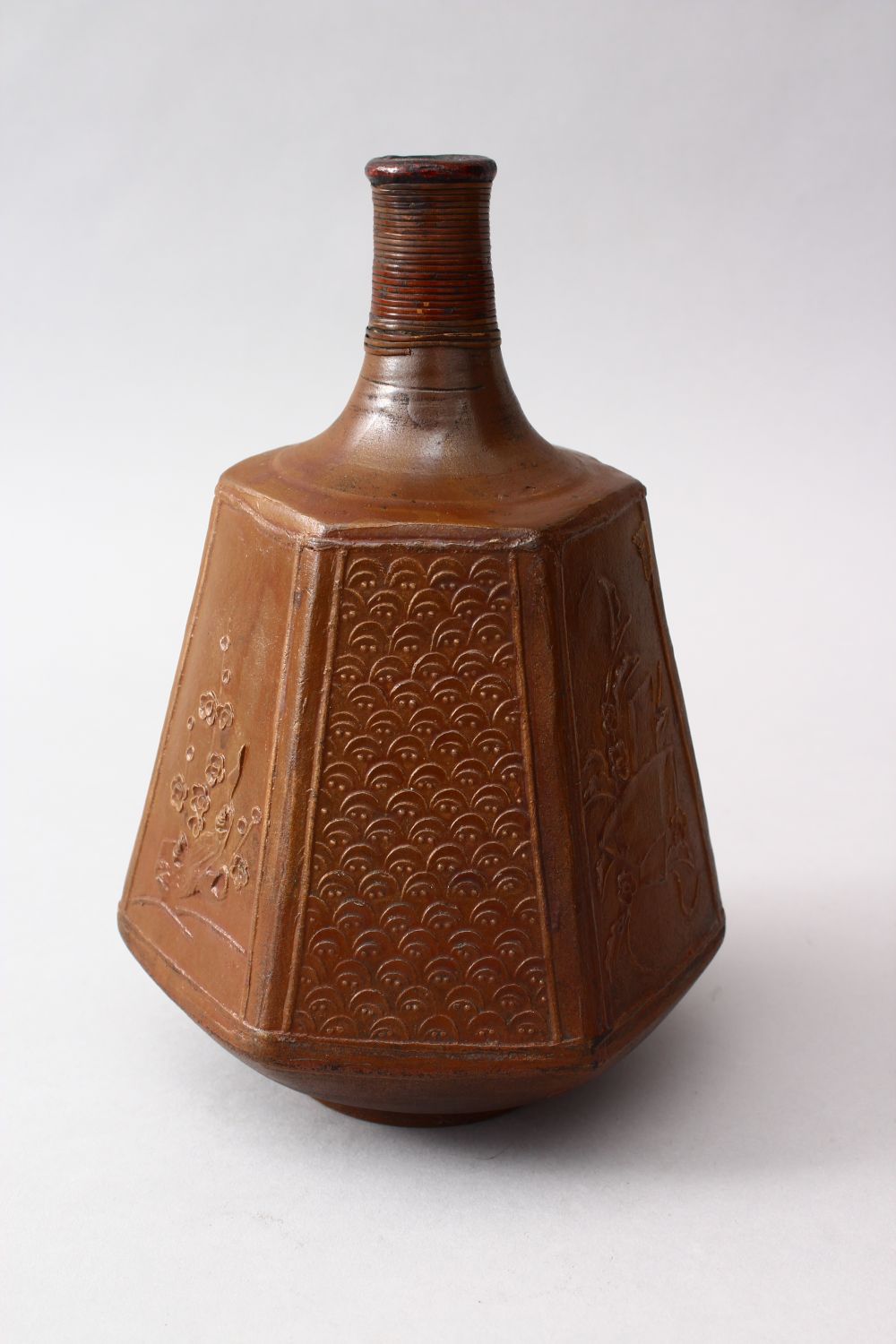 A GOOD JAPANESE MEIJI PERIOD HEXAGONAL STONEWARE SAKE FLASK, the body with panels of carved floral - Image 2 of 5