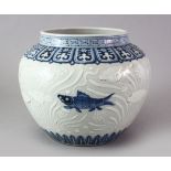 A GOOD CHINESE MING STYLE BLUE & WHITE PORCELAIN FISH JAR, the jar decorated with scenes of fish