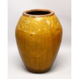 A LARGE 19TH CENTURY OR EARLIER CHINESE YELLOW GROUND DRAGON & PHOENIX BARREL SHAPED VASE, the top