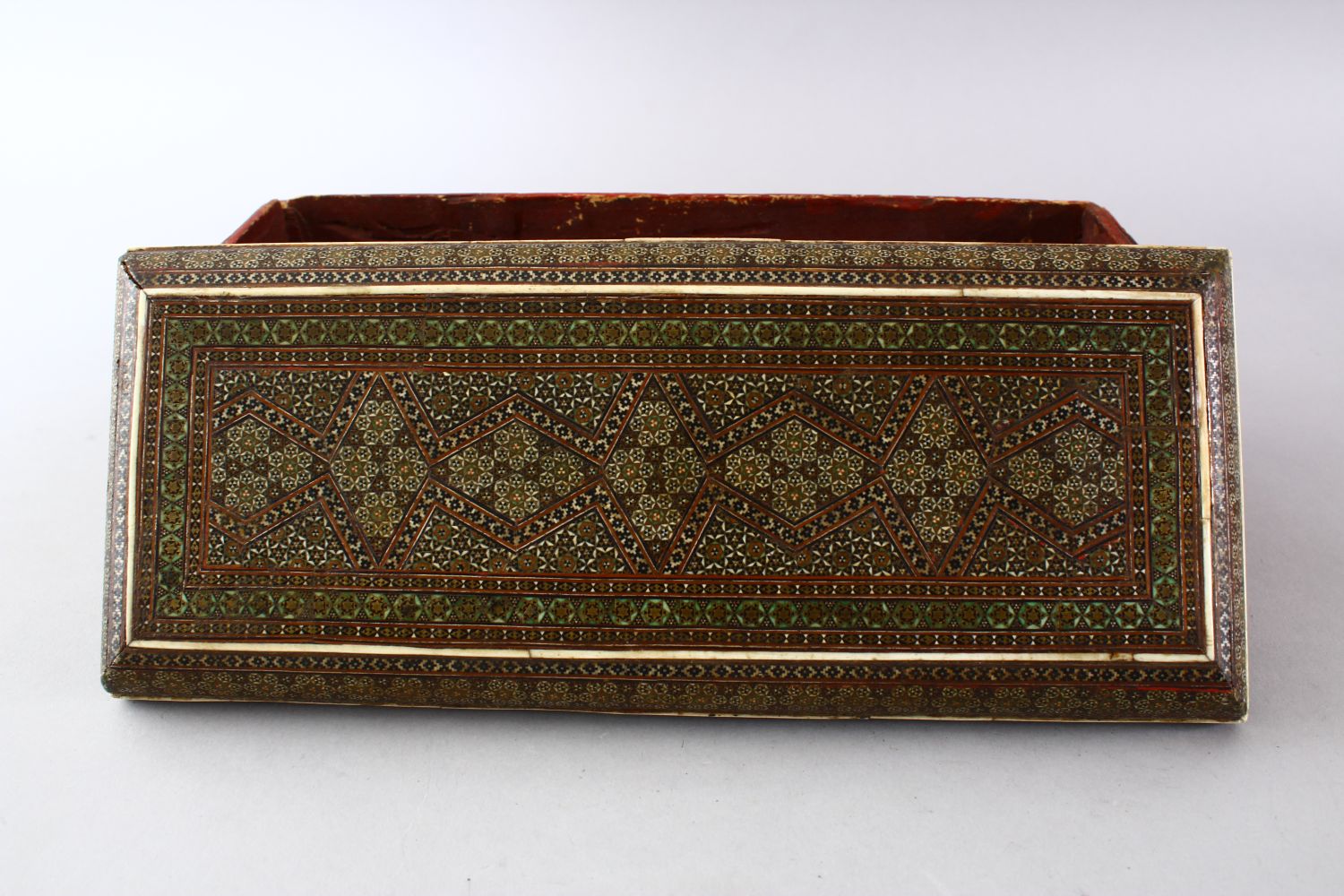 A FINE 19TH CENTURY PERSIAN QAJAR MOSAIC INLAID WOODEN LIDDED BOX, 11.5cm high X 29cm wide X 12cm - Image 3 of 6