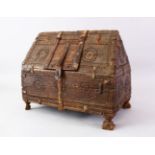 ANEARLY ISLAMIC POSSIBLE HISPANO MORESQUE WOODEN CASKET WITH METAL FITTINGS, the box in a triangle