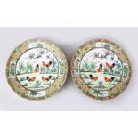 A GOOD PAIR OF 18TH / 19TH CENTURY FAMILLE ROSE PORCELAIN COCKEREL PLATES, the dishes decorated with