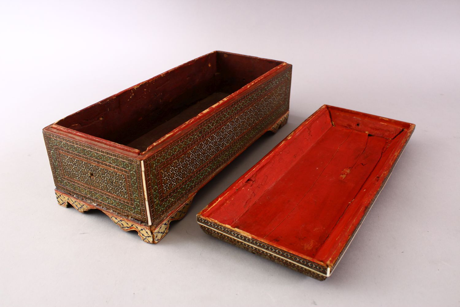 A FINE 19TH CENTURY PERSIAN QAJAR MOSAIC INLAID WOODEN LIDDED BOX, 11.5cm high X 29cm wide X 12cm - Image 5 of 6