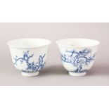 A PAIR OF 20TH CENTURY CHINESE BLUE & WHITE PORCELAIN WINE CUPS, both decorated with scenes of