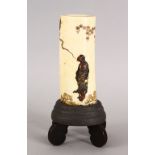 A GOOD JAPANESE MEIJI PERIOD CARVED IVORY & MIXED ONLAID METAL TUSK VASE ON STAND, the tusk