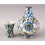 TWO GOOD IZNIK / PALESTINIAN POTTERY VASES, one small beaker / cup with floral decoration and a