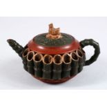 A GOOD 19TH / 20TH CENTURY CHINESE YIXING CLAY TEAPOT, the body with moulded bamboo form, with a