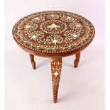 A GOOD INDIAN BONE INLAID TABLE, the table inlaid with carved bone depicting formal floral scroll,