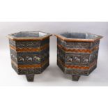 A PAIR OF EARLY 20TH CENTURY INDIAN WHITE METAL AND COPPER HEXAGONAL JARDINERES, decorated with
