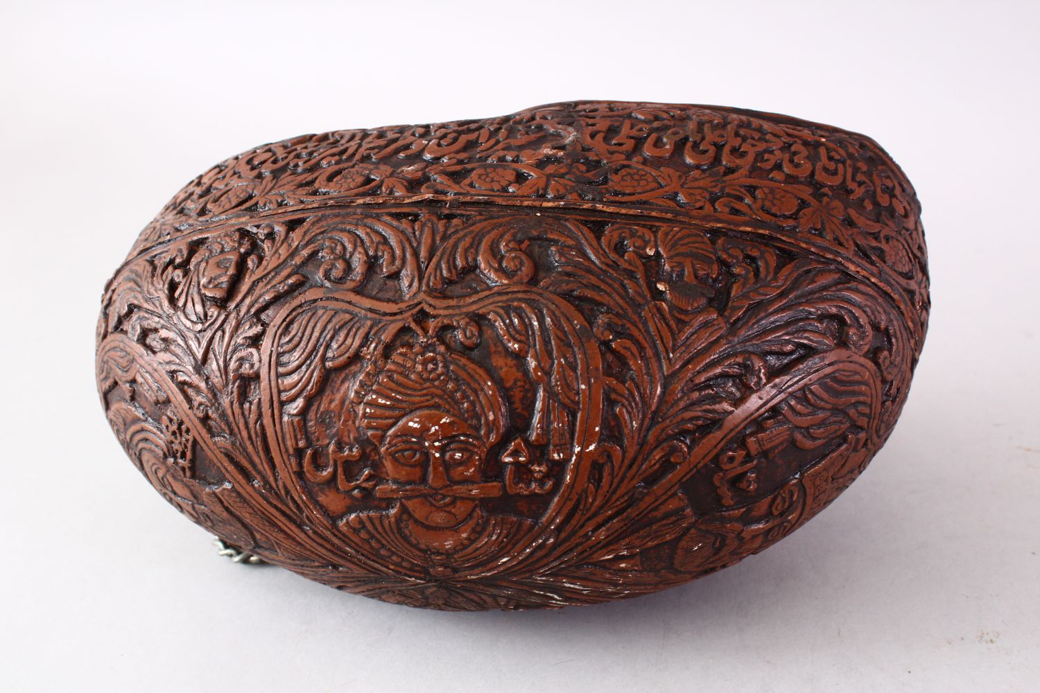 A GOOD 19TH CENTURY ISLAMIC CARVED COCO KASHKOOL WITH CALLIGRAPHY, the body with carved decoration - Image 2 of 10