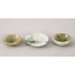 THREE 19TH / 20TH CENTURY CHINESE CARVED JADE / JADEITE BOWLS, 5cm & 4cm.