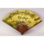 A CHINESE 20TH CENTURY WOODEN AND PAINTED CALLIGRAPHIC FAN, One side with a native view of china,