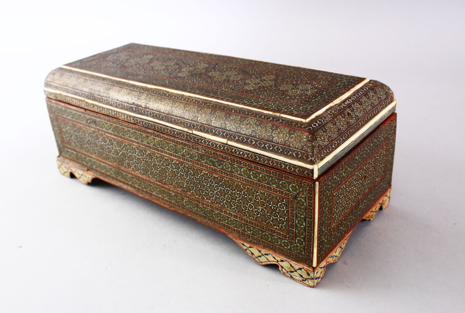 A FINE 19TH CENTURY PERSIAN QAJAR MOSAIC INLAID WOODEN LIDDED BOX, 11.5cm high X 29cm wide X 12cm