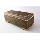 A FINE 19TH CENTURY PERSIAN QAJAR MOSAIC INLAID WOODEN LIDDED BOX, 11.5cm high X 29cm wide X 12cm