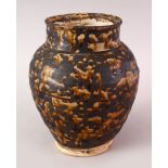 A GOOD CHINESE 19TH / 20TH CENTURY BROWN GLAZED POTTERY VASE, slip decorated treacle glaze vase,