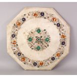 A GOOD QUALITY RARE 19TH CENTURY INDIAN INLAID OCTAGONAL MARBLE TABLE TOP, the top inlaid in