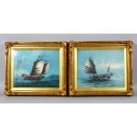 A PAIR OF 19TH CENTURY CHINESE GILT FRAMED PAINTED PICTURES OF JUNK / SHIPS AFTER CHINERY, 31cm wide