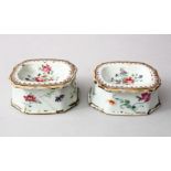 A PAIR OF 18TH CENTURY CHINESE FAMILLE ROSE PORCELAIN SALT DISHES, the dishes each decorated with