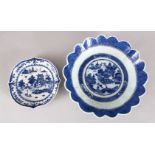 TWO 18TH CENTURY CHINESE BLUE & WHITE PORCELAIN DISHES, the larger ecorated with scenes of