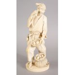 A GOOD JAPANESE MEIJI PERIOD CARVED IVORY OKIMONO - EGG SELLER, the figure stood holding his