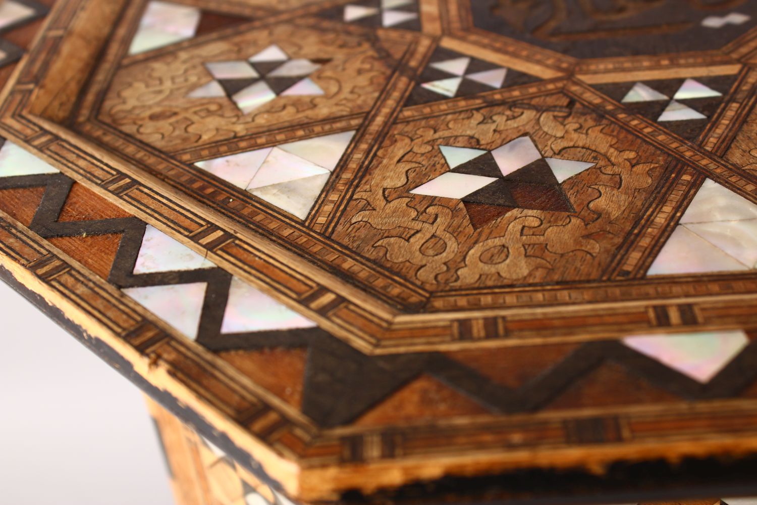 A FINE 19TH CENTURY TURKISH OTTOMAN MOTHER OF PEARL INLAID OCTAGONAL WOODEN TABLE, The top with - Image 4 of 6