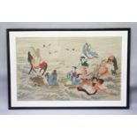 A LARGE EARLY / MID 20TH CENTURY FRAMED CHINESE PAINTING ON SILK OF THE EIGHT IMMORTALS, the frame