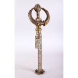 A VERY FINE QUALITY 19TH CENTURY ISLAMIC OTTOMAN SILVER INLAID BRONZE CALLIGRAPHIC KEY, the key